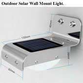 Outdoor Solar Wall Mount Light 


Item Specification 
Solar Board 0.5watt, 100mA 
Battery 3.7V 800mAh 
LED 16Pcs 1Watt 
Material Aluminum + Plastic 
Charging time (1000W/m²) 8 hours 
Battery backup  0.1mA 
Voltage (Energy-saving mode) 50mA ~ 300mA 
Product Size 132 x 92 x 77mm 
Weight 198g 


Suitable for: Outdoor, Garden

安裝非常簡單, 可以自行DIY, 另設專人上門安裝連送貨服務 ( 除離島外 )費用只須 +$ 500 

WholeSale Specification
Specifications/Special Features:

Integrated design of sound and light control 
Auto delay and restore in dark 
Waterproof, heatproof and durable 
Over 8 hours run time after one day charge 
Mount on the wall easily and quickly 
Enough brightness 
Intelligent energy-saving 
Reliable long lifespan, maintenance-free, and low cost 
No strobe and radiation 
Energy-saving, environment protecting 
Constant solar energy 
Specifications: 
Solar panel: 0.55W 
Li-ion battery: 3.7V, 800mAh 
LED: 12pcs, 0.8W 
Ray sensor: automatic light at night 
Sound sensor: it will run in power-saving mode in dark, LED will be black 
When trigger the sound sensor, the LED turn on and delay around 30 seconds automatically 
Stainless material: metal + plastic (sand blast and spray painting)
Main parameters: 
Charging time under sunlight (1000W/m²): 8 hours 
Maximum current by solar (1000W/m²): 100mA 
Standby current: 0.1mA 
Dim high current: 300mA 
Dim low current: 50mA
Running time for a fully charged product 
Working per night: 12 hours

Payment Terms T/T 
Minimum Order 1000 pcs 
Lead Time Delivery Time 25 days 
Sample Available Yes 
Delivery Details 100% deposit for mass production, balance payment before shipment 
  
Loading Info shipping by ocean, air or courier express 
Packing Info 1pc/standard gift box packing 
